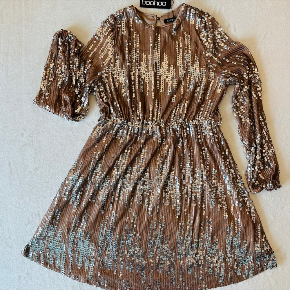 Boohoo Maternity Sequin Tie Waist Shift Dress Light Bronze Size 14‎